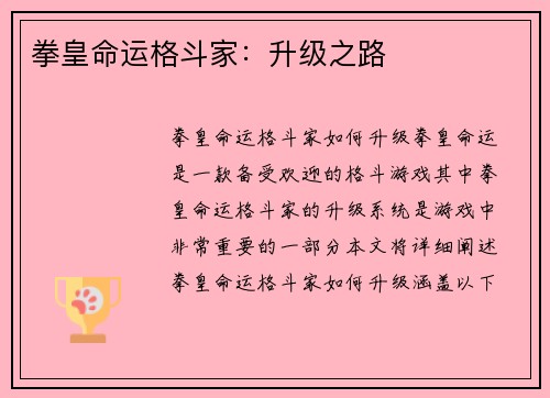 拳皇命运格斗家：升级之路
