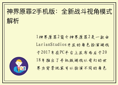 神界原罪2手机版：全新战斗视角模式解析